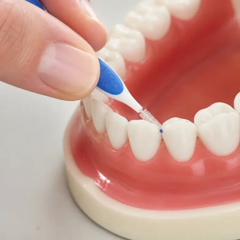 Gerade gefu00fchrte Interdentalbu00fcrste an einem neutralen Zahnmodell