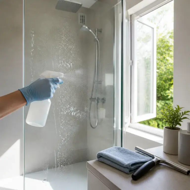 Sichere Anwendung von Kalkreiniger an einer Glasdusche mit Handschuhen und Tuch