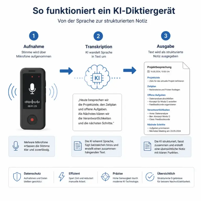 Ablauf von Sprachaufnahme u00fcber Transkription bis zur strukturierten Notiz