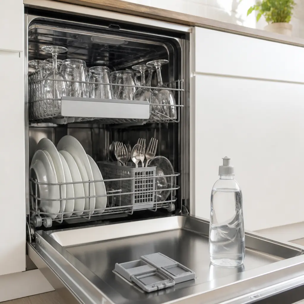 Klarspülerflasche neben sauberem Glasgeschirr und geöffnetem Geschirrspüler