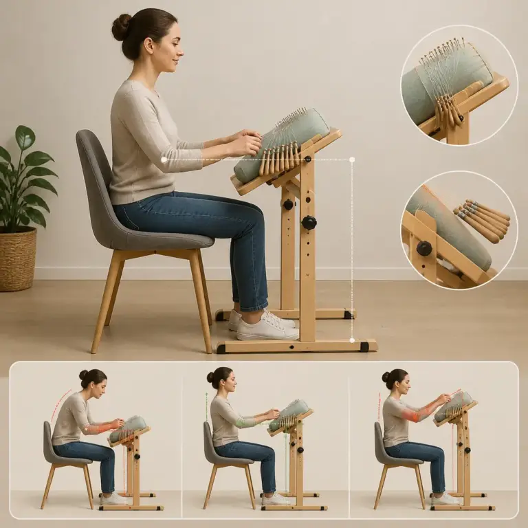 Ergonomische Arbeitshaltung an einem hu00f6henverstellbaren Klu00f6ppelstu00e4nder