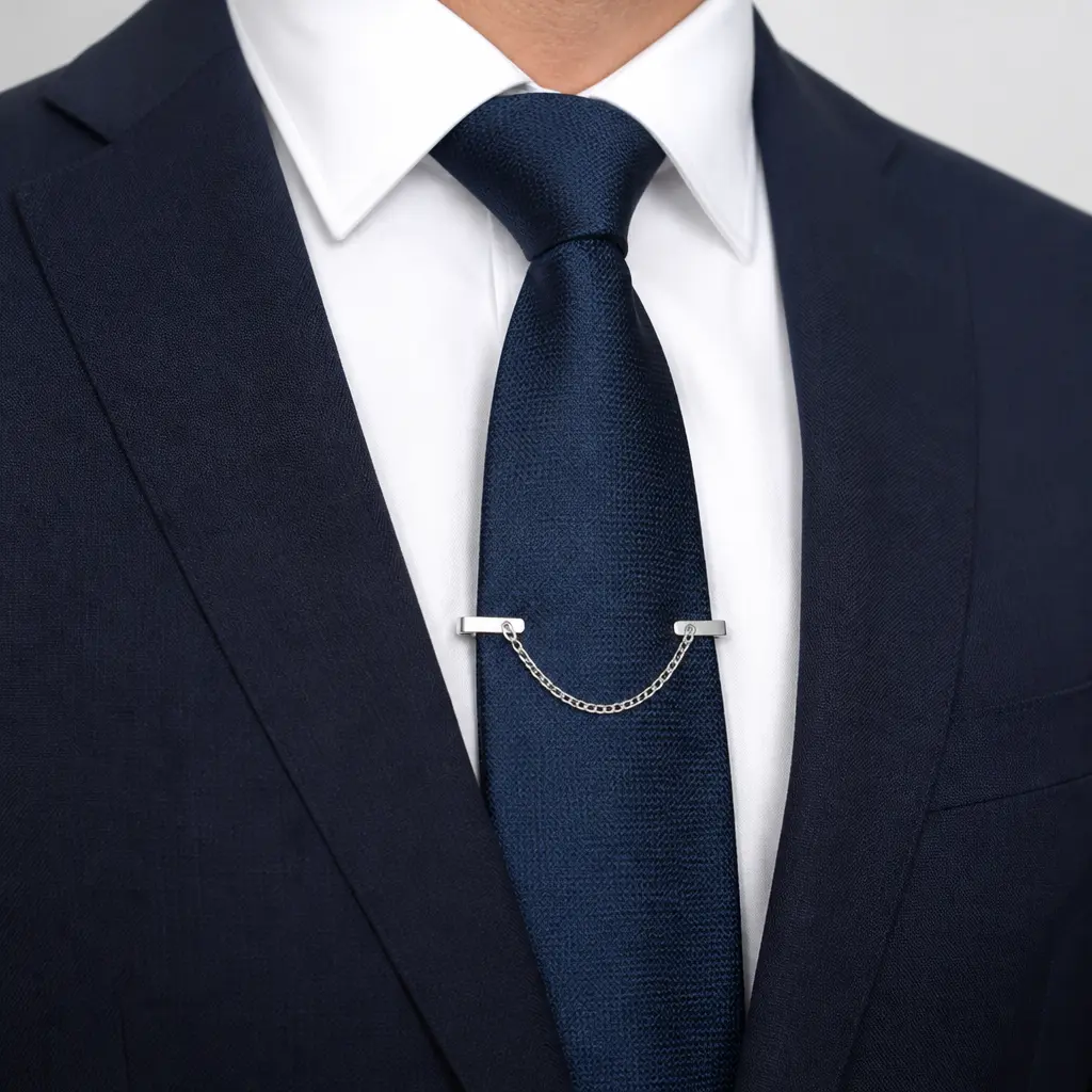 Elegante Krawattenkette an einer dunkelblauen Krawatte und einem weißen Hemd