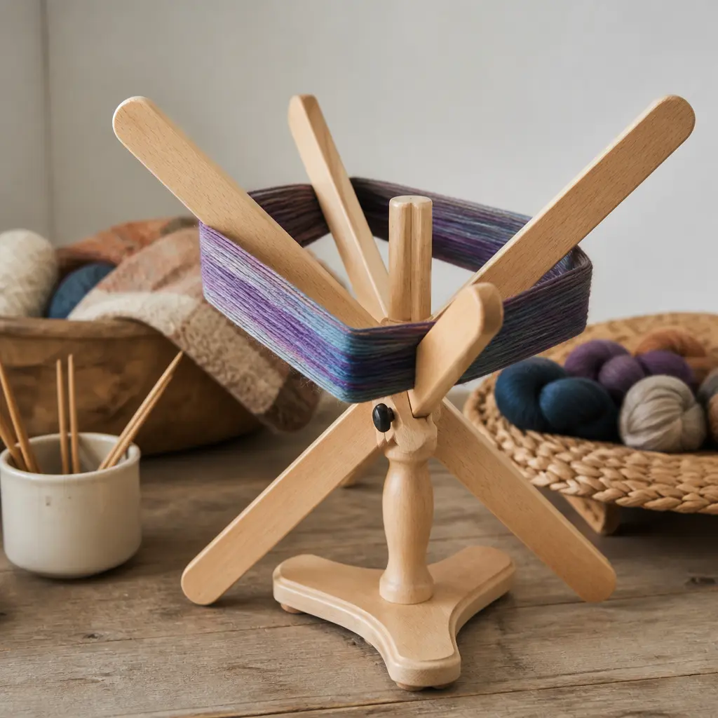 Kreuzhaspel aus Holz mit aufgewickeltem Wollstrang auf einem Handarbeitstisch