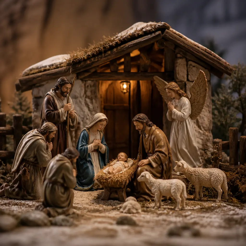 Harmonisch arrangierte Krippenfiguren in einer weihnachtlichen Krippenlandschaft