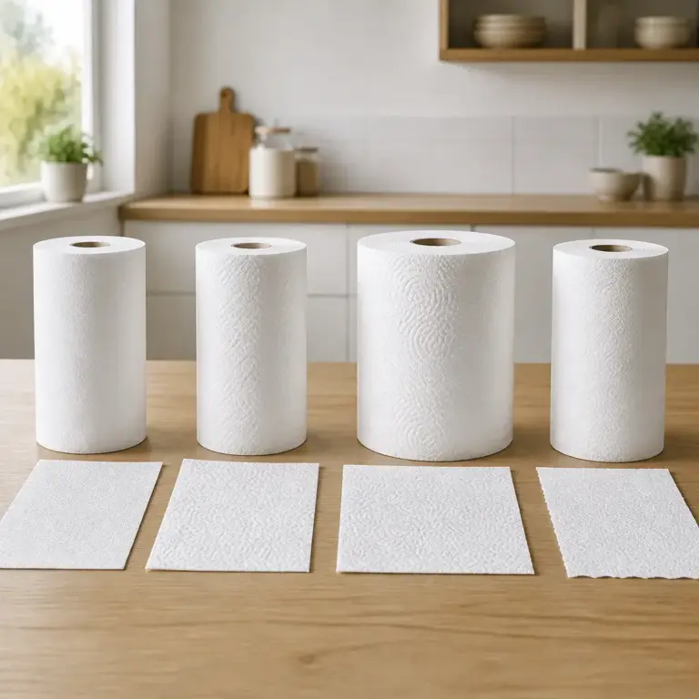 Vergleich verschiedener Ku00fcchenrollen mit unterschiedlichen Papierstrukturen und Blattformaten
