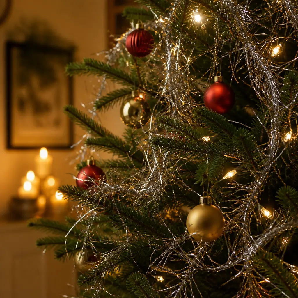 Silbernes Lametta auf den Zweigen eines festlich geschmückten Weihnachtsbaums