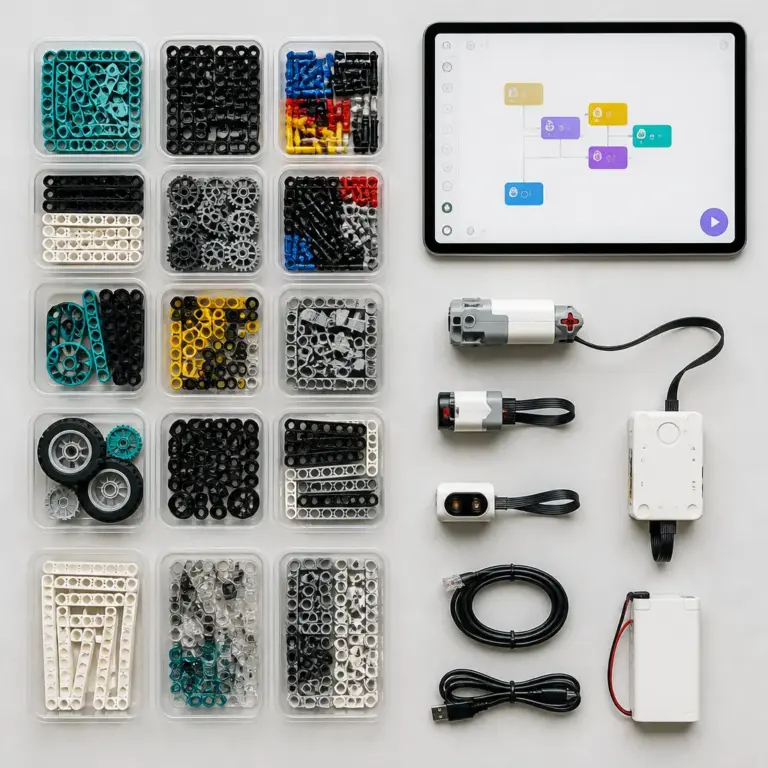 Sortierter Lieferumfang eines interaktiven Bausystems mit Motor und Sensor