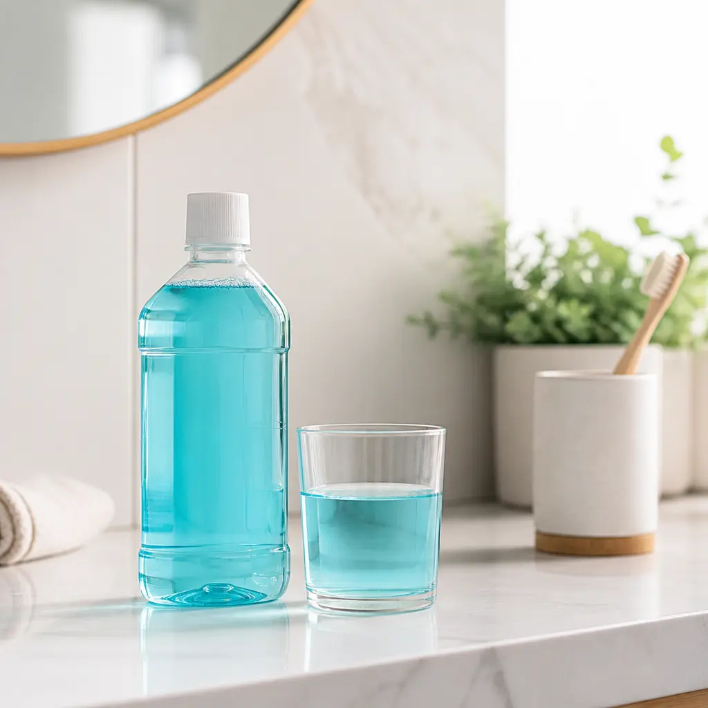Flasche mit Mundspülung und Dosierglas auf einer hellen Badezimmeroberfläche