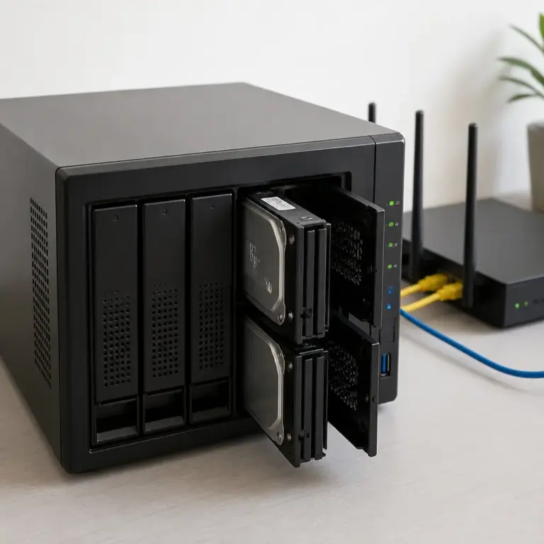 NAS-Server mit mehreren Laufwerksschu00e4chten und Verbindung zum Heimnetzwerk
