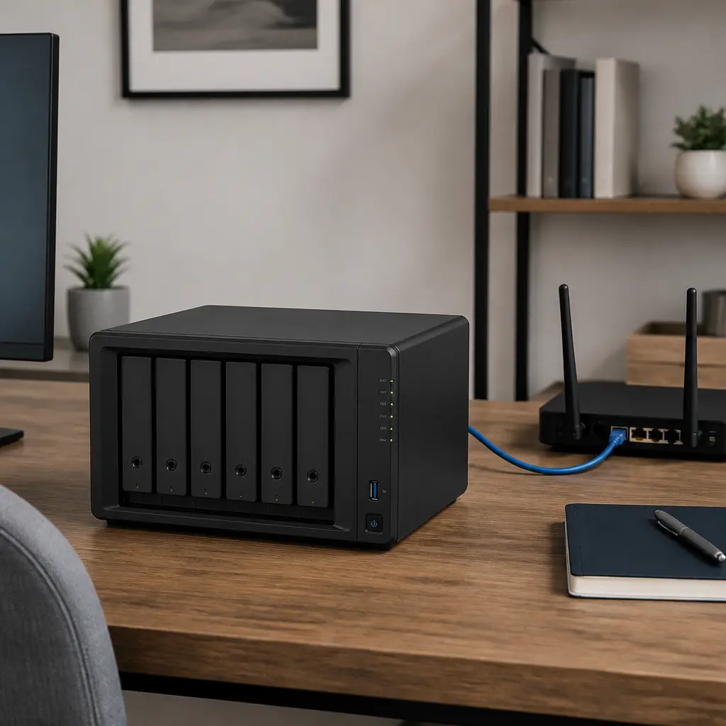 Moderner NAS-Server mit Laufwerksschächten und Netzwerkkabel auf einem Schreibtisch