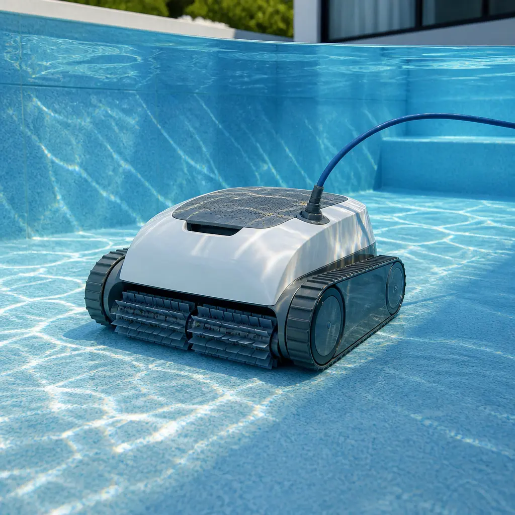 Poolroboter bei der Reinigung eines privaten Schwimmbeckens