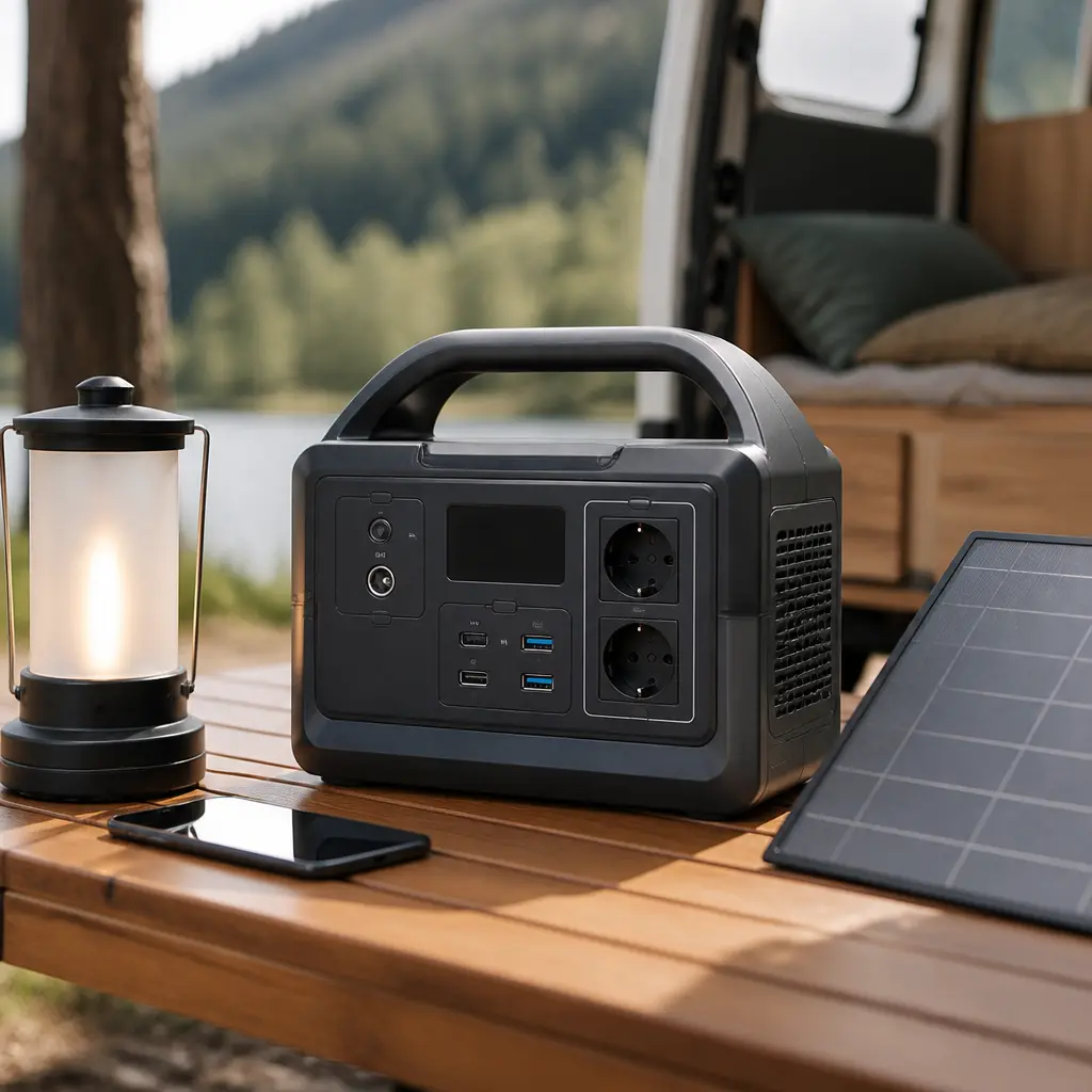 Tragbare Powerstation mit Anschlüssen, Lampe, Smartphone und Solarpanel beim Camping