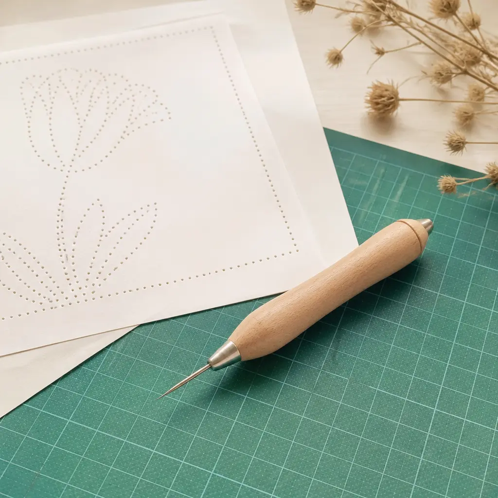 Prickelnadel mit perforiertem Papiermotiv auf einer Bastelunterlage