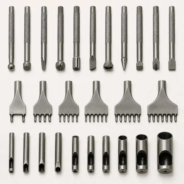 Verschiedene Formen von Punziereisen fu00fcr Muster, Linien und Lochungen