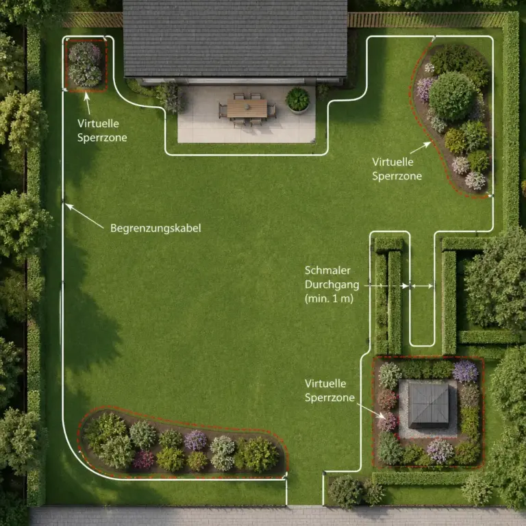 Schematische Darstellung von Begrenzungskabeln und Navigationszonen im Garten
