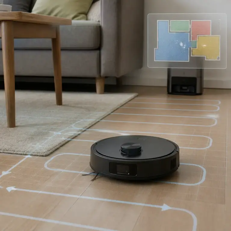 Reinigungsroboter mit Sensoren und digitaler Raumkarte bei der systematischen Reinigung