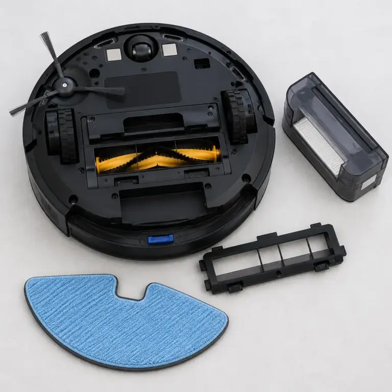 Geu00f6ffneter Reinigungsroboter mit Bu00fcrsten, Filter und Wischtuch