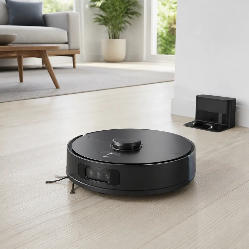 Reinigungsroboter reinigt einen hellen Wohnraum neben seiner Ladestation