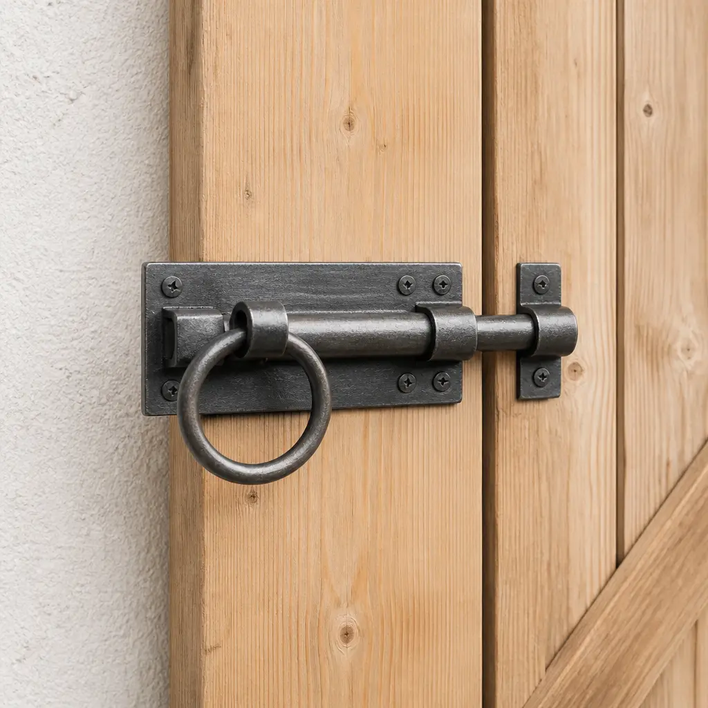 Mechanischer Ringriegel an einer Holztür mit sichtbarem Ringgriff und Bolzen
