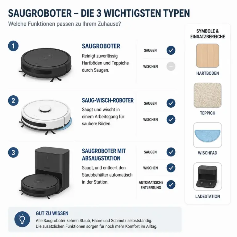 Vergleich verschiedener Bauarten von Saugrobotern mit Wischfunktion und Absaugstation