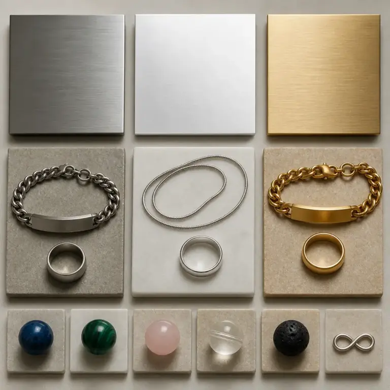 Nahaufnahme verschiedener Materialien und Oberflu00e4chen von Schmuck