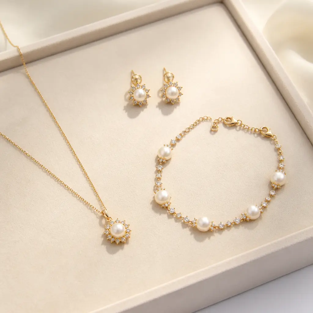 Abgestimmtes Schmuckset mit Halskette, Ohrringen und Armband auf einer Schmuckablage