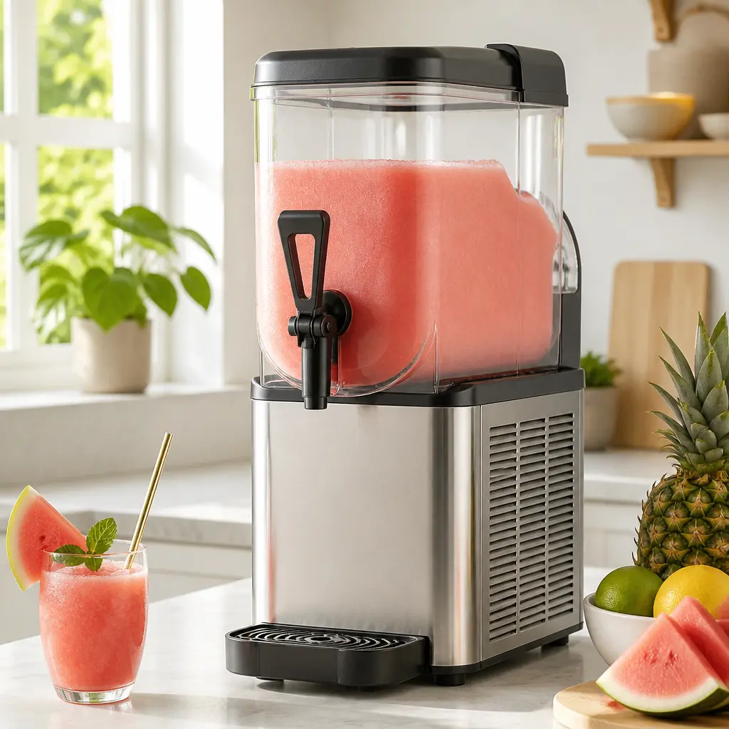 Slushmaschine mit transparentem Behälter und halbgefrorenem Getränk