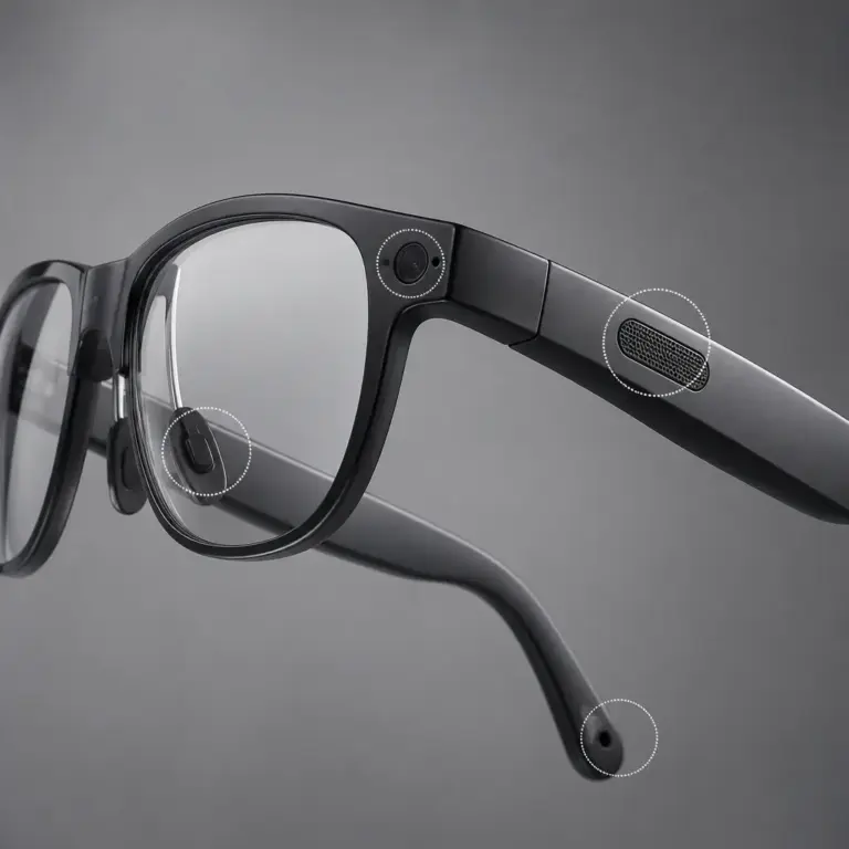 Detailansicht von Lautsprechern, Mikrofonen und Nasenauflage einer Smart-Brille