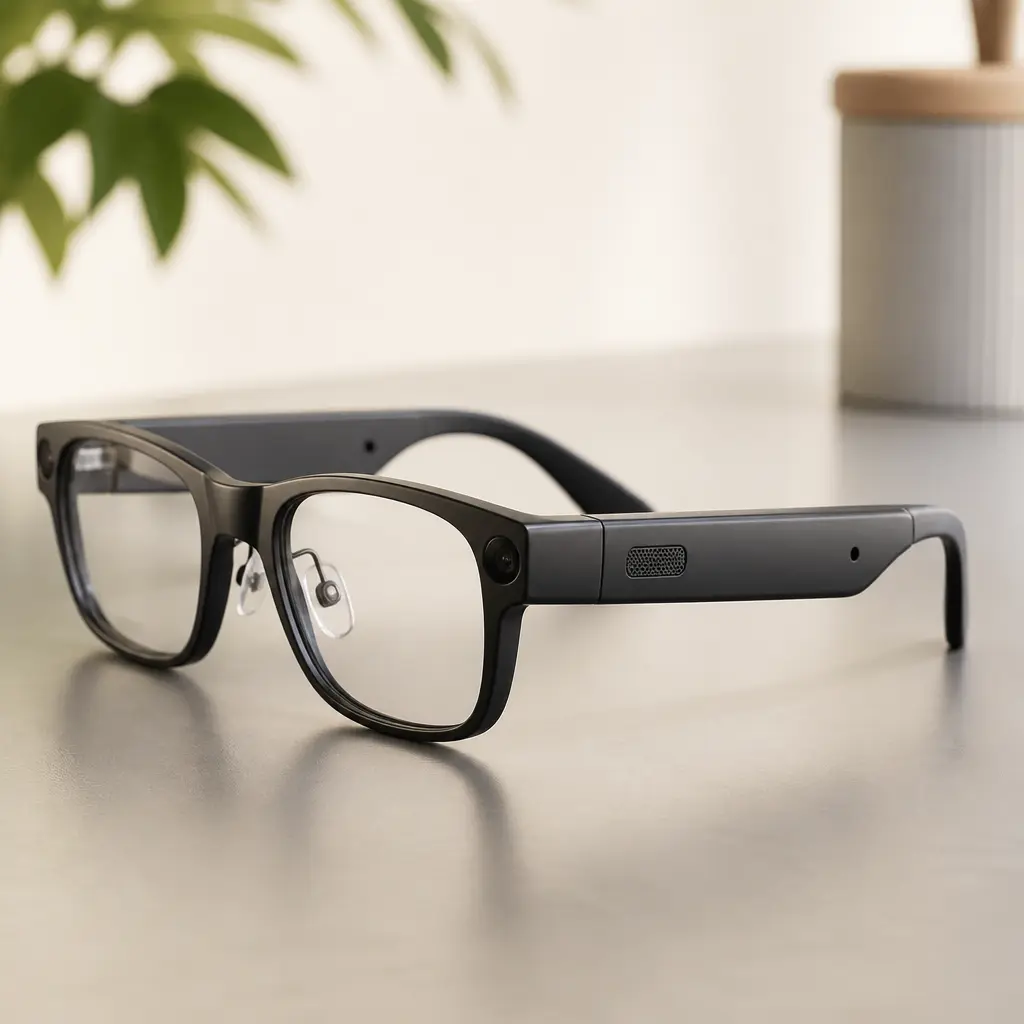 Moderne Smart-Brille mit dezent integrierter Elektronik auf einem Tisch
