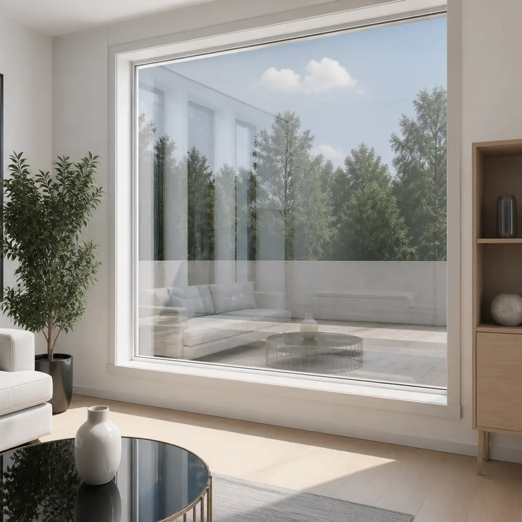Fenster mit dezent reflektierender Spiegelfolie in einem hellen Wohnraum