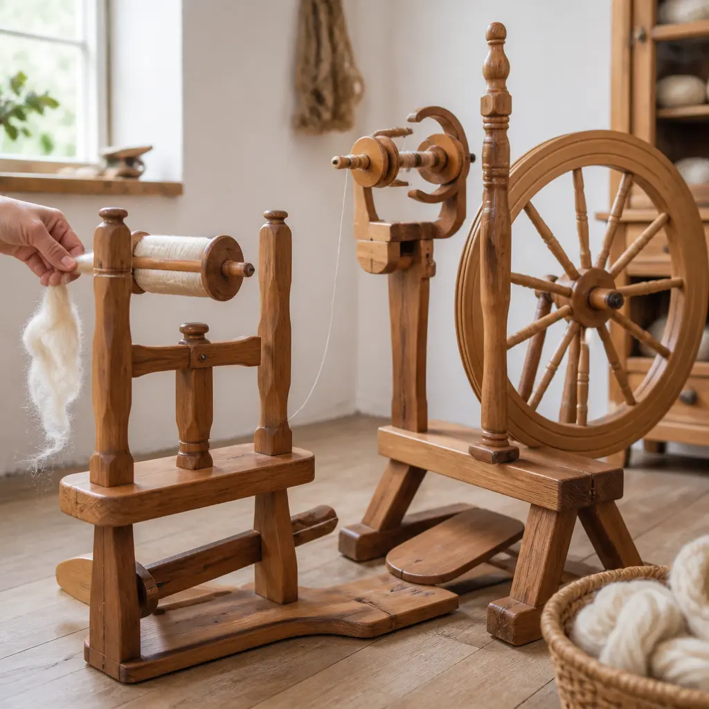 Spinnrocken aus Holz mit Wollfasern neben einem Spinnrad