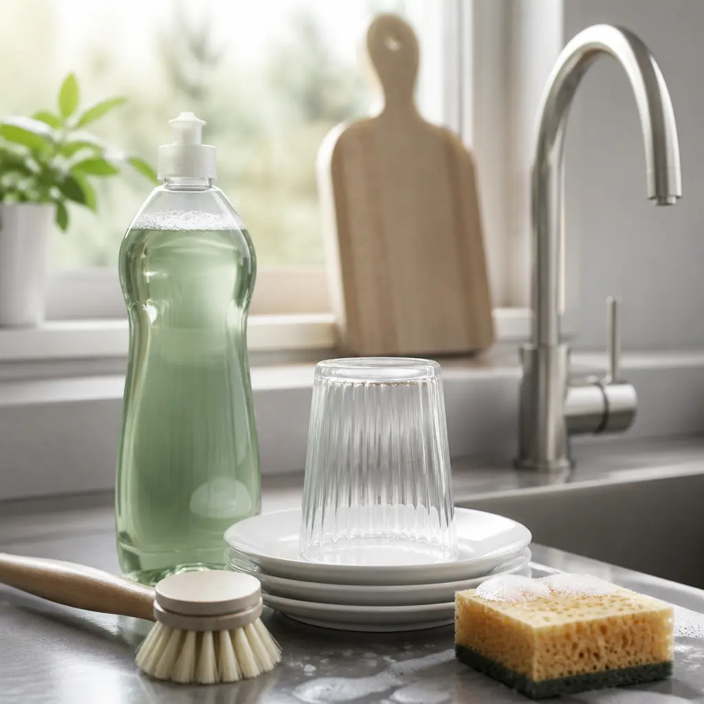 Flasche Spülmittel mit Schwamm, Spülbürste und sauberem Geschirr am Spülbecken