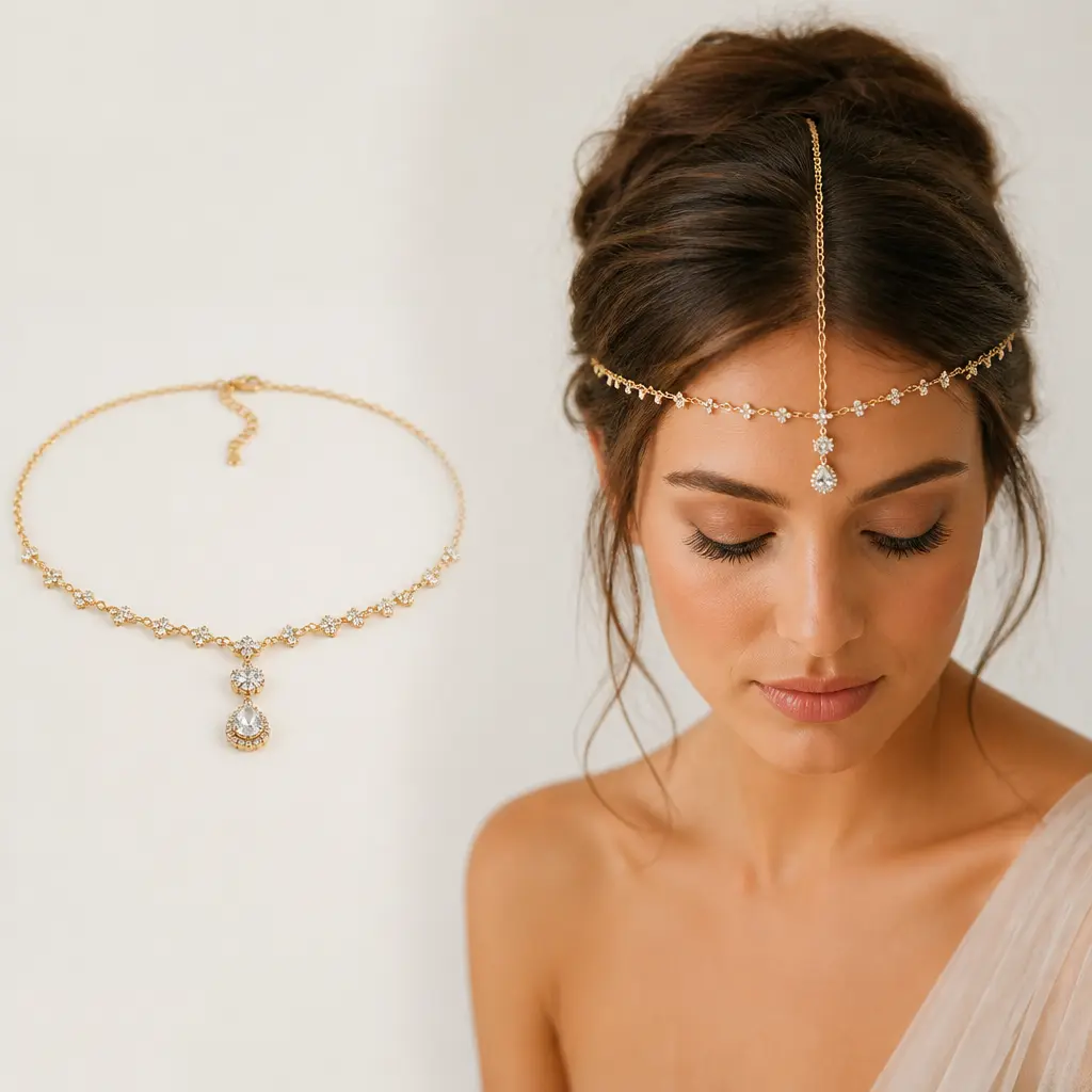 Filigrane Stirnkette mit zentralem Anhänger als eleganter Kopfschmuck