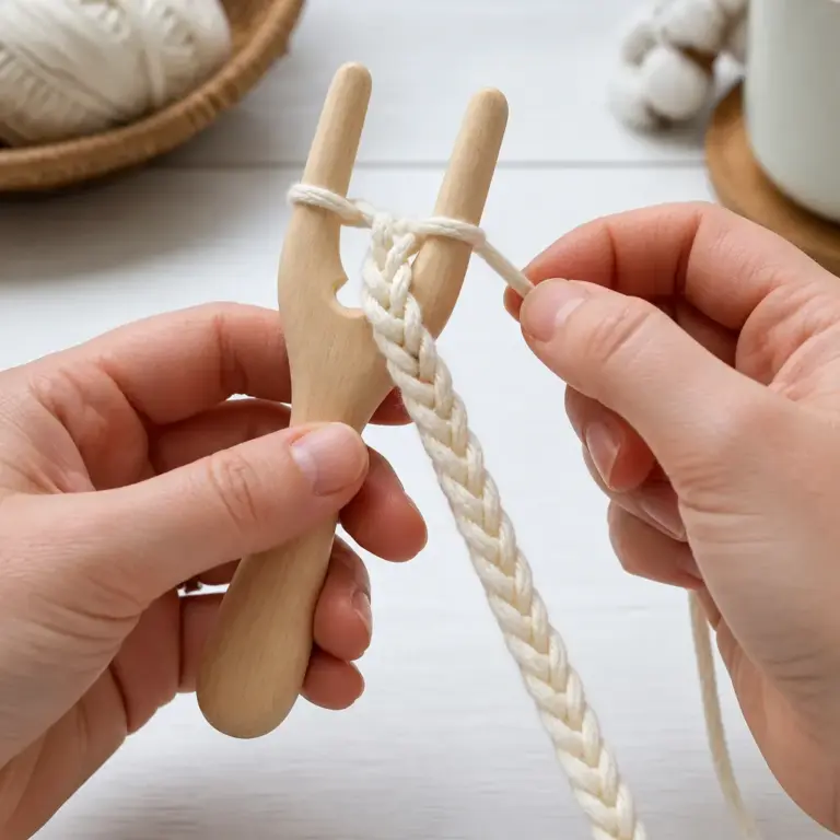 Hu00e4nde fu00fchren helles Garn mit einer Strickgabel zu einer Kordel