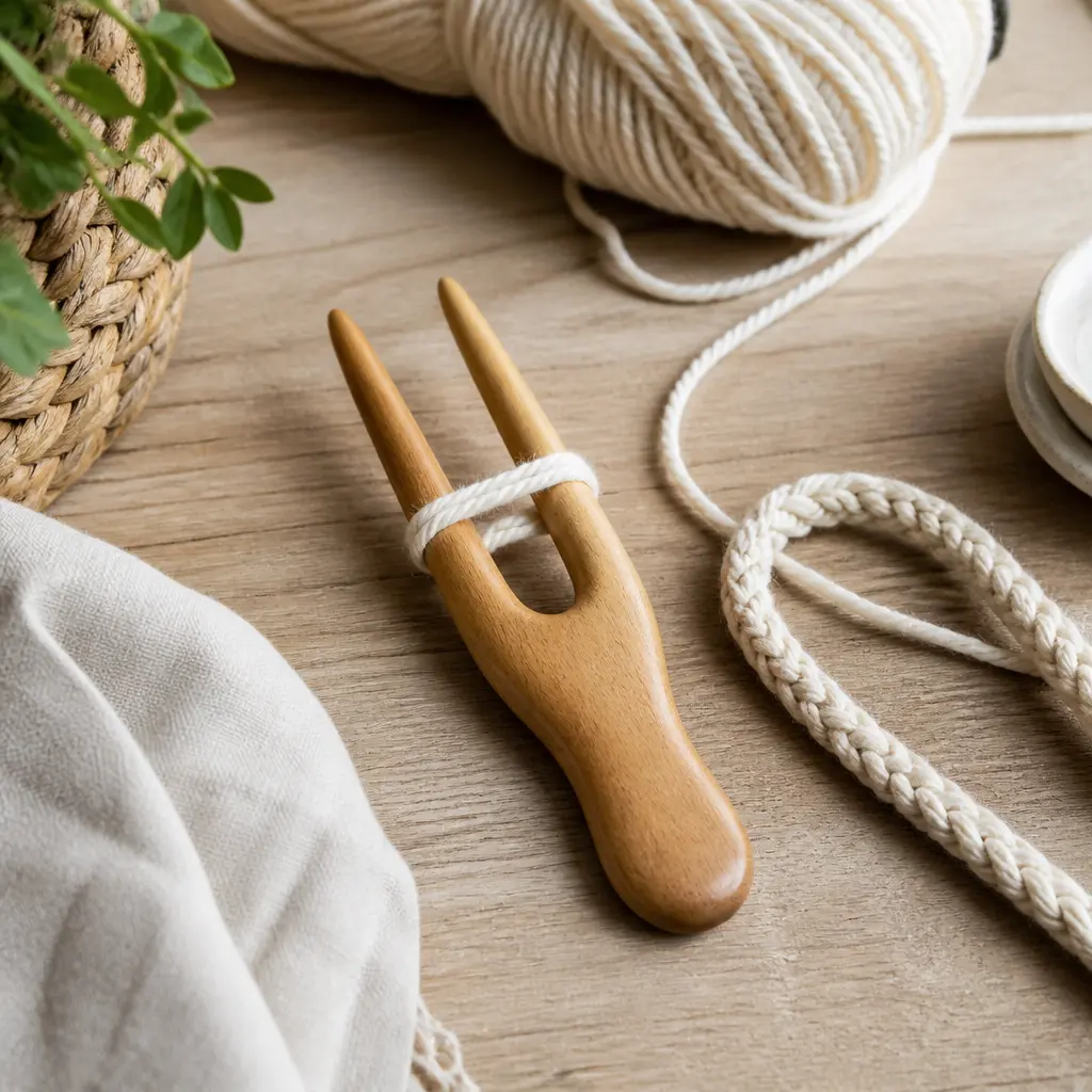 Strickgabel aus Holz mit Garn und fertiger Kordel auf einem Basteltisch