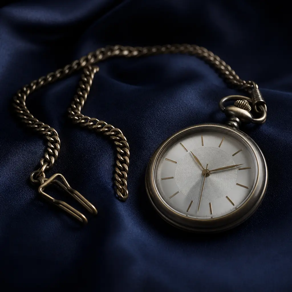 Klassische Taschenuhr mit befestigter Taschenuhrkette auf dunklem Stoff
