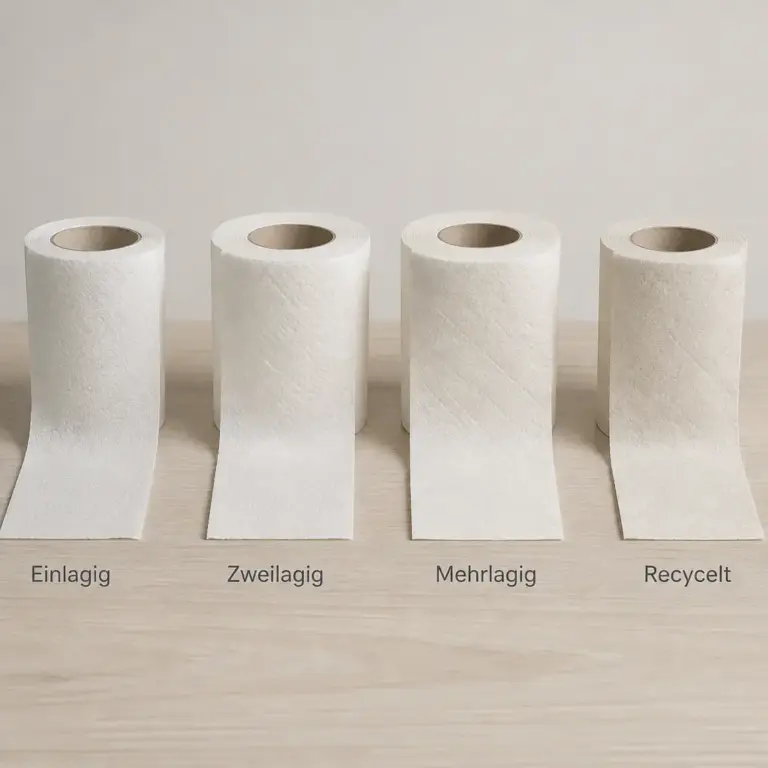 Vergleich verschiedener Toilettenpapierarten nach Lagen und Material