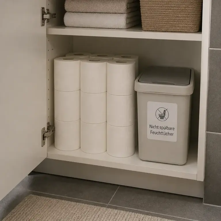 Trockene Lagerung von Toilettenpapier und getrennte Entsorgung von Feuchttu00fcchern