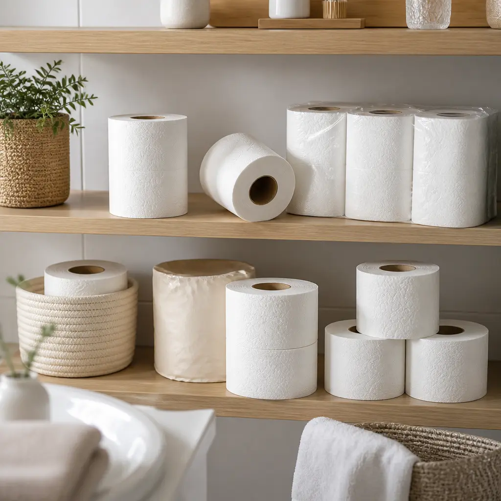 Mehrere Toilettenpapierrollen in unterschiedlichen Ausführungen auf einem Badezimmerregal
