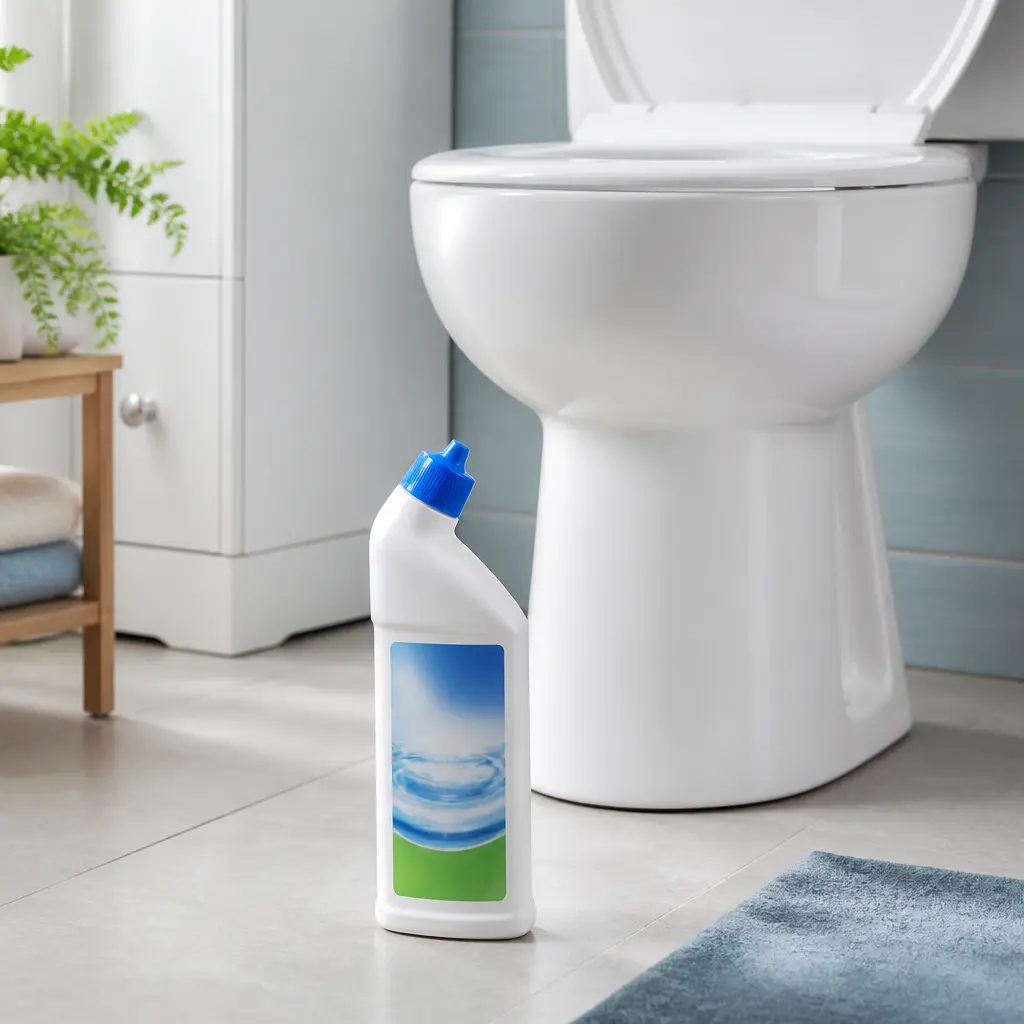 WC-Reiniger neben einer sauberen weißen Toilettenschüssel