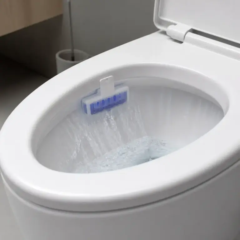 Korrekt am Toilettenrand befestigter WC-Stein im Spu00fclbereich