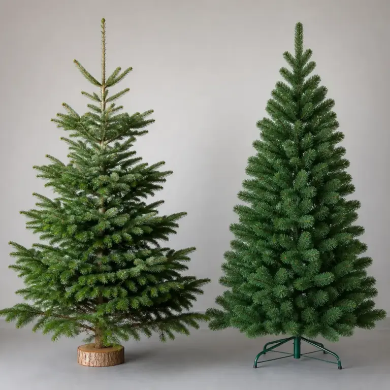 Vergleich zwischen natu00fcrlichem und ku00fcnstlichem Weihnachtsbaum