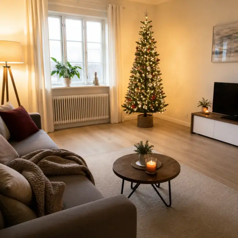 Schlanker Weihnachtsbaum mit ausreichend Platz im Wohnzimmer