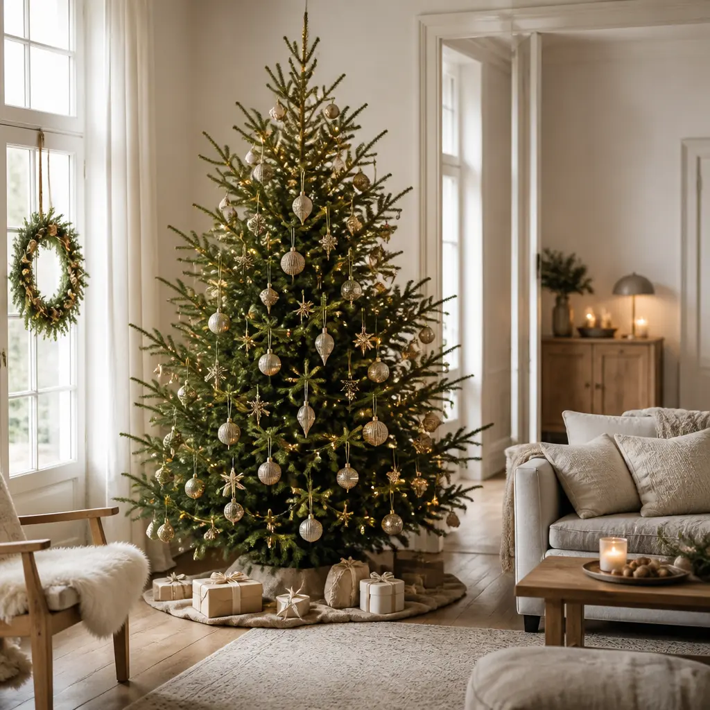 Festlich geschmückter Weihnachtsbaum in einem hellen Wohnzimmer