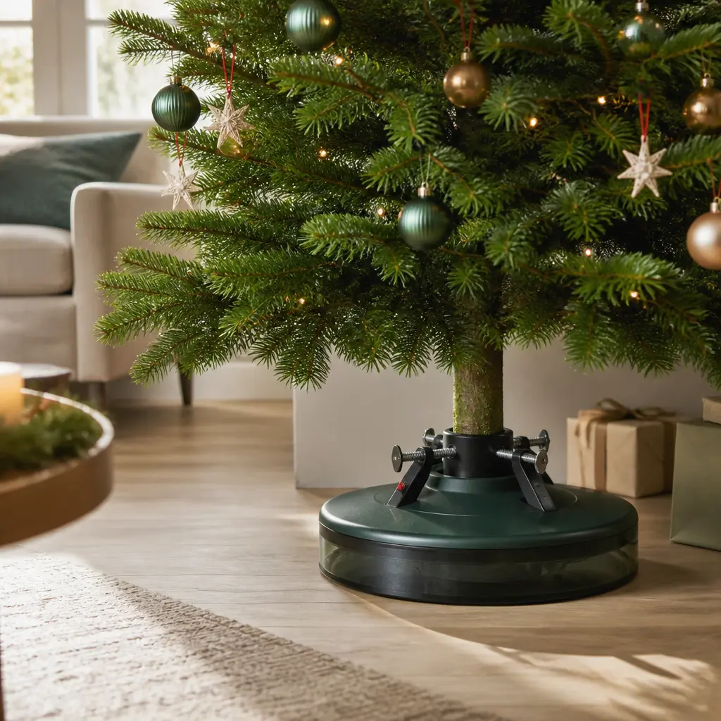 Stabiler Weihnachtsbaumständer mit geschmücktem Tannenbaum im Wohnzimmer