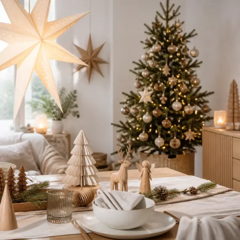 u00dcbersicht aus Baumschmuck, Papiersternen, Holzfiguren und textiler Weihnachtsdekoration