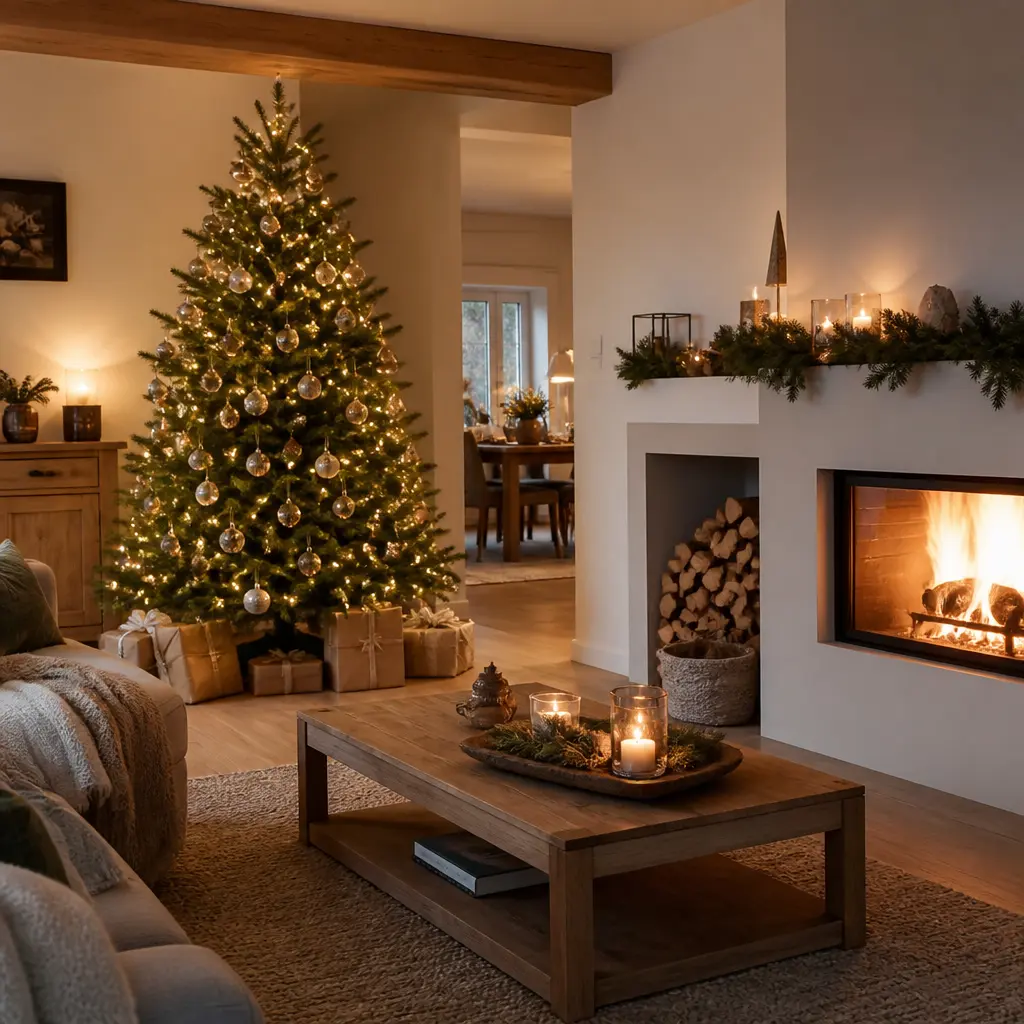 Harmonisch dekoriertes Wohnzimmer mit Weihnachtsbaum, warmen Lichtern und festlichen Wohnaccessoires