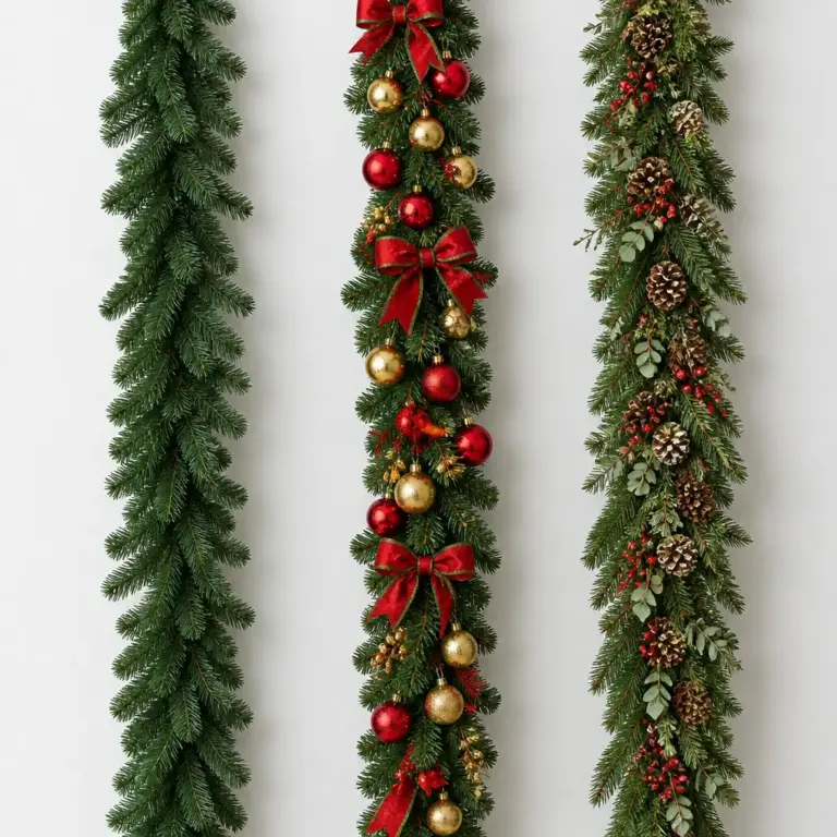 Vergleich einer schlichten, einer vordekorierten und einer natu00fcrlichen Weihnachtsgirlande