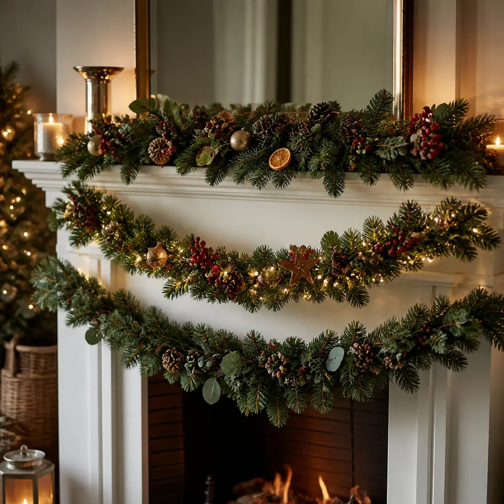 Verschiedene Weihnachtsgirlanden mit festlichen Dekoelementen und warmweißer Beleuchtung auf einem Kaminsims