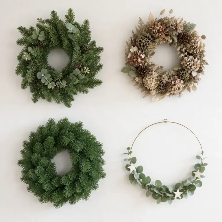 Vergleich verschiedener Weihnachtskranz-Varianten aus Naturmaterial, Kunstzweigen und Metall